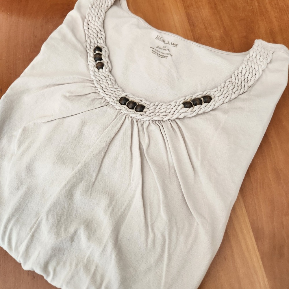 White Stag Women's‎ Plus Size 3X Braided Neckline Short Sleeve Top Beige